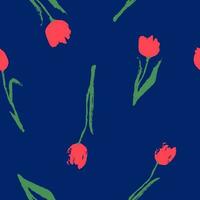 tock vector illustration of a seamless pattern with red tulips flowers on a bright blue background. Watercolor hand-drawn flower. For textile, wallpaper, fabric and stationery Valentine's day