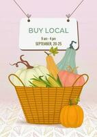 Banner for harvest sale market. With pumpkins and corn vertical. Autumn background A4. Buy local vector