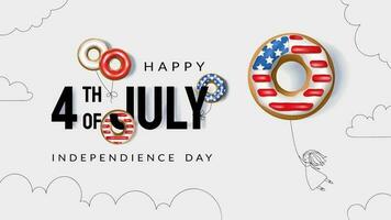 Banner of happy 4th july usa independence day on white background. Donut balloons with the American flag and a girl flying on a balloon vector