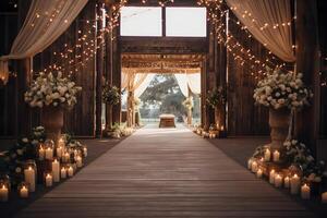 Wedding ceremony in a wooden interior with candles and flowers AI Generative photo