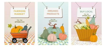 Banners for harvest sale market. With pumpkins vertically. Autumn background A4. For organic products vector