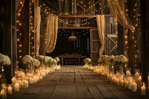 Wedding ceremony in a wooden interior with candles and flowers AI Generative photo