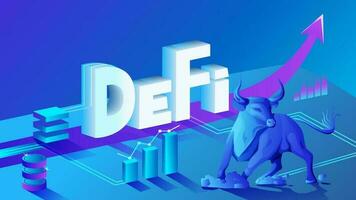 Decentralized finance defi bull trend, isometric composition of cryptocurrency and blockchain. Bullish market, charts and up arrows. Vector illustration