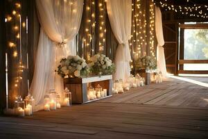 Wedding arch decorated with flowers and candles on wooden floor AI Generative photo