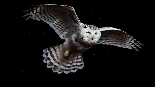 un Nevado búho altísimo mediante el estrellado noche. generativo ai foto