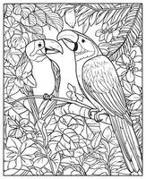 Hand drawn vector coloring page of birds on a branch. Coloring page for kids and adults. Print design, t-shirt design, tattoo design, mural art.