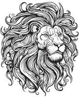 Hand drawn vector coloring page of majestic lion with his flying mane. Coloring page for kids and adults. Print design, t-shirt design, tattoo design, mural art.