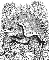 Hand drawn vector coloring page of tortoise in the wild. Coloring page for kids and adults. Print design, t-shirt design, tattoo design, mural art.