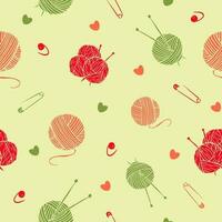 Seamless pattern of knitting yarns and needles on a light background. For textile, wrapping paper, and background. vector