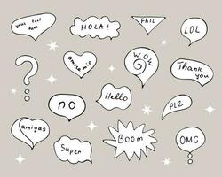 Hand drawn talking balloons with handwritten text. Speech bubble vector doodles. Set of speech and thought communication bubbles.