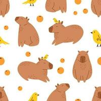 Vector seamless pattern with funny capybaras, mandarins and birds. Background with amusing capibaras. Cute capybaras relaxing with mandarin oranges. South American adorable animal pattern.