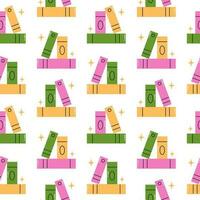 Vector seamless pattern with books and stars. Trendy background with stack of books. Design for library, school, university or bookstore. Knowledge and education. Back to school design.
