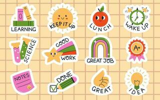 Vector collection of funny school stickers for study. Set with trendy phrases and elements for school day planner. Back to school sticker pack. Motivation stickers for study routine.