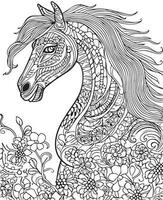 Hand drawn vector coloring page of horse with mandala design. Coloring page for kids and adults. Print design, t-shirt design, tattoo design, mural art.