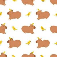 Vector seamless pattern with funny capybaras and birds. Adorable background with amusing capibaras with yellow birds on the head. Cute capybara pattern in flat design.