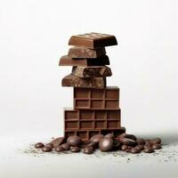 Balanced Pieces of Chocolate, Isolated on a White Background. Generative ai photo