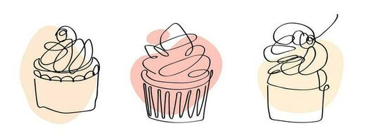 Set of abstract cupcakes. Vector illustration, minimalism, one continuous line, sketch, drawing. Symbol, emblem, logo, design element for packaging, labels