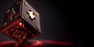 Casino Game Metal Dice in Black, Golden and Red Color. Role Playing Game Concept. Generative AI Technology. photo