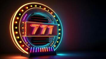 Marquee Light Circular Frame Stand with 777 Number on Dark Background, Casino Game Concept. Generative AI Technology. photo