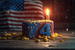 Numerical Cake in Colors of American Flag with Illuminated Candle for USA 4th of July Independence Day Celebration. Generative AI. photo