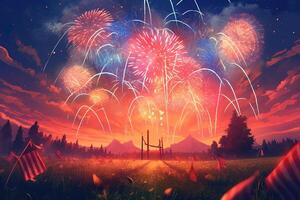 Multi Colored Fireworks in Dark Sky Background with Countryside Mountain Landscape. . photo