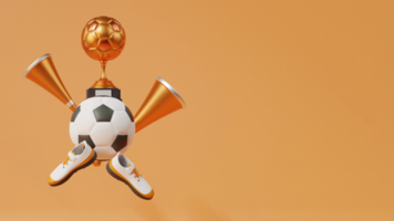 3d Bronze- Fußball Trophäe Tasse mit Fußball, vuvuzela Hörner, Schuhe und Kopieren Raum auf braun Hintergrund. psd