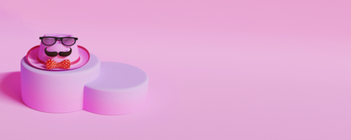 3d illustratie van fedora hoed vervelend bril, snor, boog stropdas Aan roze podium. psd