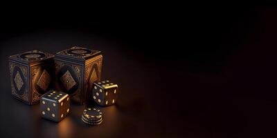 Black and Golden Combination of Playing Card Boxes with Dice, Poker Chips on Dark Background. Casino Game or Gambling Concept. . photo