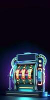 Glowing Neon Slot Machine with Triple One Symbol on Dark Background, Casino Game Concept. Generative AI Technology. photo
