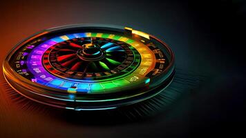 Colorful Glowing Lights Roulette Wheel and Copy Space on Dark Background, Casino Game Concept. Generative AI Technology. photo