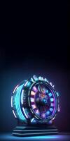 3D Render of Glowing Neon Roulette Wheel with Flares on Dark Background, Casino Game Concept. Generative AI Technology. photo