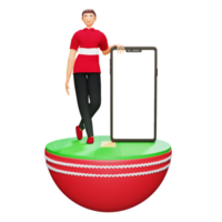 3d illustration av sportsman eller ung man karaktär med smartphone över halv cricket boll. psd