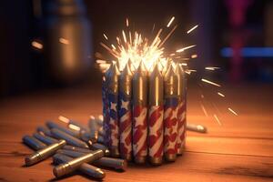 American Cartridges Stack with Fireworks Sparks on Desk, 4th of July Independence Day Celebration. Generative AI. photo