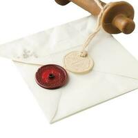 Top View of White Old Envelope with Wax Seal and Stamp. photo