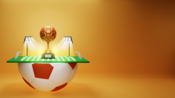 3d Hälfte Fußball Feld Aussicht mit Stadion Beleuchtung, golden Fußball Trophäe Tasse und Kopieren Raum. psd