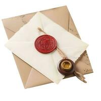 Top View of White Letter or Kraft Envelope with Red Seal And Stamp. photo
