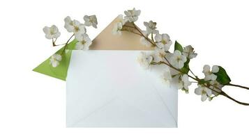 Top View of Blank Invitation Card Envelope with Blossom Cherry Flower Branch. photo