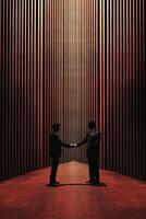 Miniature Two Businessmen Shaking Hands in Dark Stripes Background. . photo