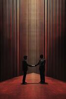 Miniature Two Businessmen Shaking Hands in Dark Stripes Background. Generative AI. photo