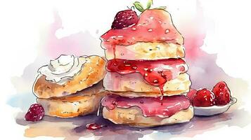 Watercolor Dessert Food Painting of Delicious Pancake Topping Cream and Strawberry photo