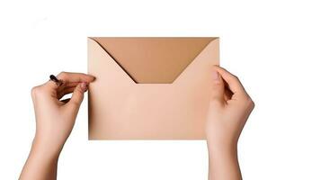 Top View Photo of Female Hand Holding Craft Paper Envelope on White Background.