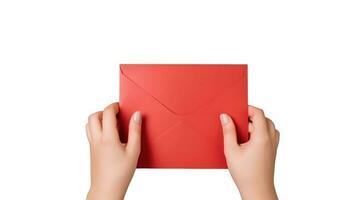 Photography of Female Hand Holding Red Envelope on White Background. photo