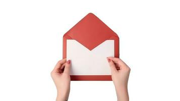 Top View Photo of Female Hand Holding Craft Paper Envelope on White Background.