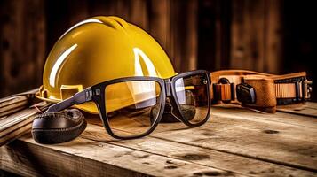 construcción la seguridad vestir de amarillo casco y gafas de protección en de madera rústico mesa cima. generativo ai. generativo ai digital ilustración. foto