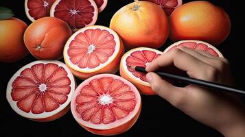 3D Art Presenting Image of Hand Drawing Realistic Grapefruit Whole and Cut Slices with Pencil. Generative AI. photo