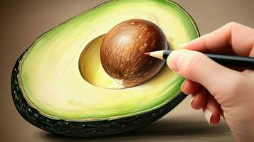 3D Art Presenting Image of Hand Drawing Realistic Avocado with Pencil. Generative AI. photo