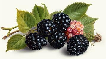 3D Art Image or Realistic Blackberries Branch on White Background. Generative AI. photo