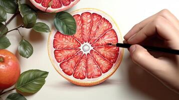 3D Art Presenting Image of Hand Drawing Realistic Grapefruit Slices and Leaves with Pencil. Generative AI. photo