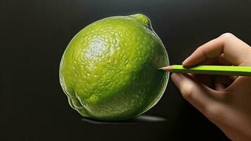 3D Art Presenting Image of Hand Drawing Realistic Lime with Pencil. Generative AI. photo