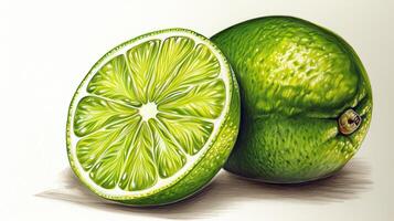 Realistic Fruit Image of One Whole Lime and Half Cut Slice. . photo